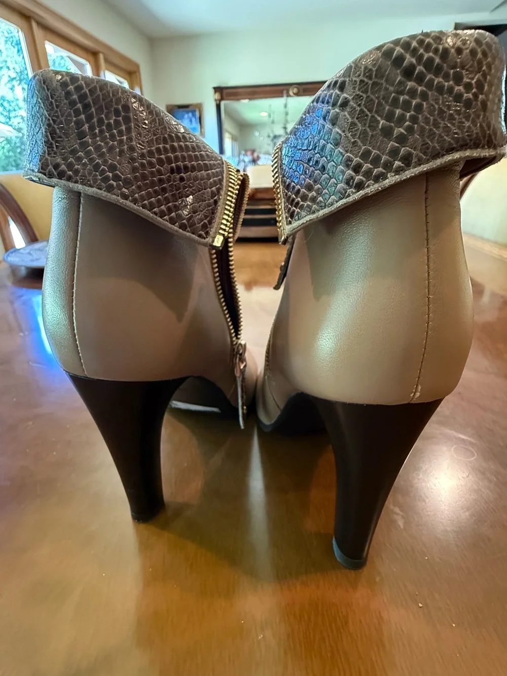 Fold-Over Leather Taupe Ankle Booties with Snakeskin Trim
